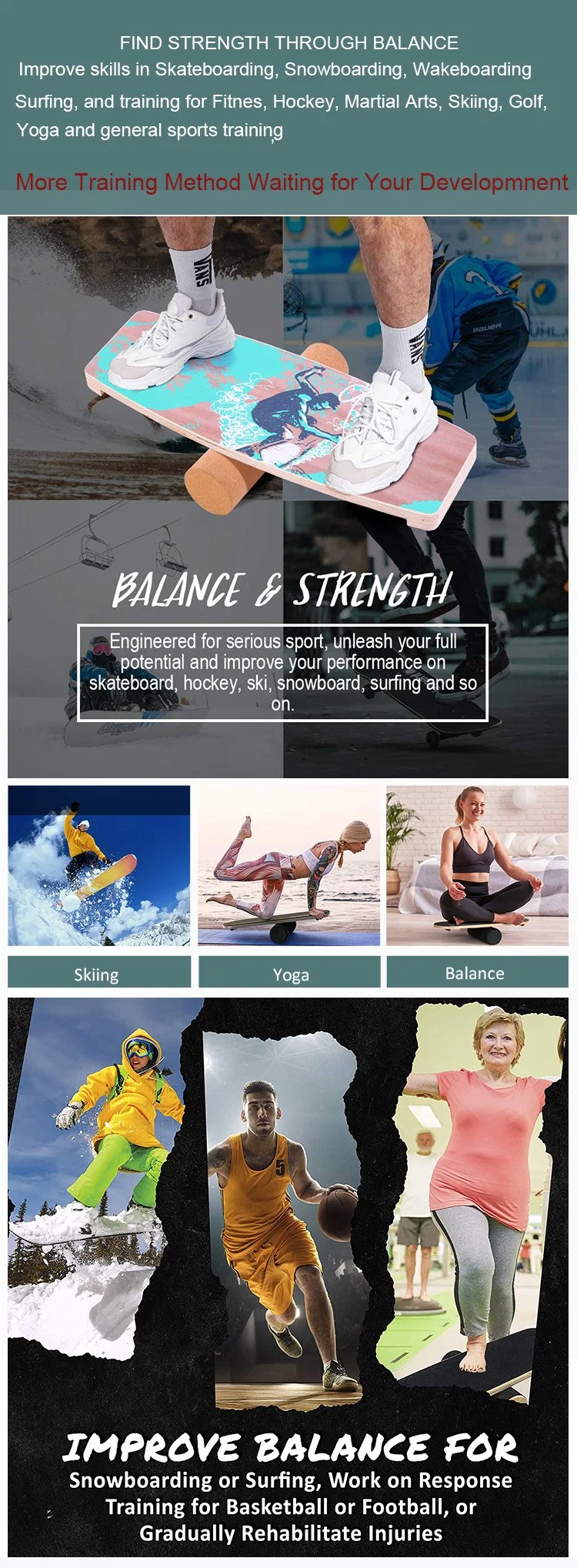 Surfing Balance Board Non-Slip Balance Exercise Equipment for Fitness Yoga Golf Swing Longboarding Hokey Suitable for Adults Kids, Skateboard